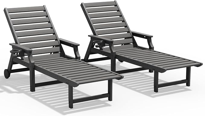 5-Position Adjustable Patio Chaise Lounge - 78'' HDPE Outdoor Lounger with Rolling Wheels & Cup Holder, Longer, Wider, Higher - Perfect for Poolside & Deck, Gray, 2pcs