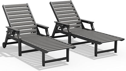 5-Position Adjustable Patio Chaise Lounge - 78'' HDPE Outdoor Lounger with Rolling Wheels & Cup Holder, Longer, Wider, Higher - Perfect for Poolside & Deck, Gray, 2pcs