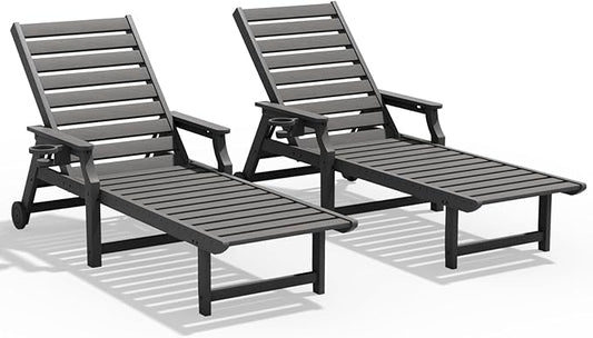 5-Position Adjustable Patio Chaise Lounge - 78'' HDPE Outdoor Lounger with Rolling Wheels & Cup Holder, Longer, Wider, Higher - Perfect for Poolside & Deck, Gray, 2pcs