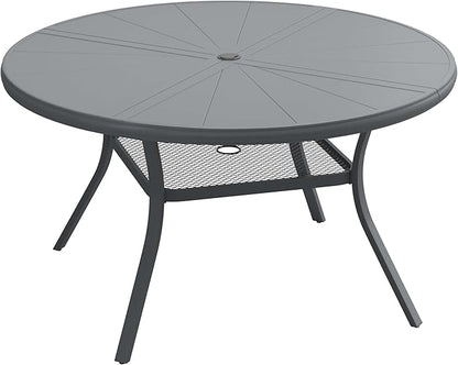 VICLLAX Round Patio Dining Table, 4-6 Person Aluminum Outdoor Dining Table with Umbrella Hole and Storage Shelf for Garden Lawn Deck, 47.2" Dark Grey