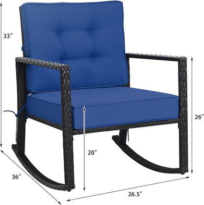 Tangkula Wicker Rocking Chair, Outdoor Glider Rattan Rocker Chair with Heavy-Duty Steel Frame, Patio Wicker Furniture Seat with 5” Thick Cushion for Garden, Porch, Backyard, Poolside (2, Blue)