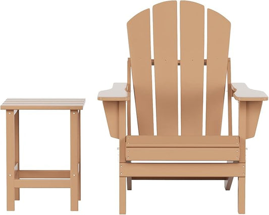 WestinTrends Malibu 2-Pieces Adirondack Chair Set with Side Table, All Weather Outdoor Seating Plastic Patio Lawn Chair Folding for Outside Porch Deck Backyard, Teak
