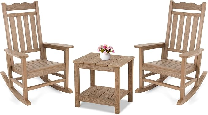 Stoog 3-Piece Patio Bistro Set, All-Weather Rocking Chairs Set of 2 with Table, Never Rot or Fade, Rocking Chairs for Porch, Backyard, Lawn, Garden and Indoor, Teak