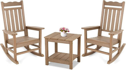 Stoog 3-Piece Patio Bistro Set, All-Weather Rocking Chairs Set of 2 with Table, Never Rot or Fade, Rocking Chairs for Porch, Backyard, Lawn, Garden and Indoor, Teak