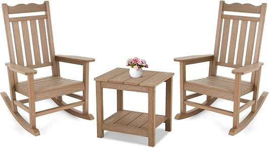 Stoog 3-Piece Patio Bistro Set, All-Weather Rocking Chairs Set of 2 with Table, Never Rot or Fade, Rocking Chairs for Porch, Backyard, Lawn, Garden and Indoor, Teak