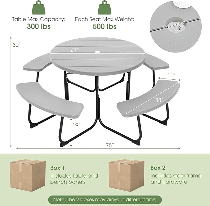 Round Picnic Table for Outdoors, 8 Person Outdoor Picnic Tables & Benches Set with Umbrella Hole - Photo 3