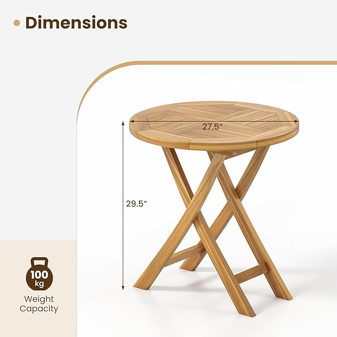 Tangkula 27.5" Teak Wood Patio Dining Table, Round Outdoor Bistro Table with Slatted Tabletop, Sturdy X-Shaped Frame, Wood Outside Table for Backyard, Poolside, Garden, Lawn, Natural