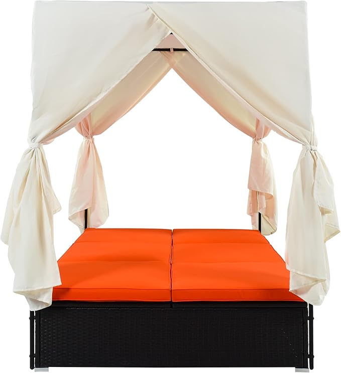 Patio Chaise Lounge, Outdoor Patio PE Rattan Wicker Sunbed Daybed with Orange Cushions - Photo 8
