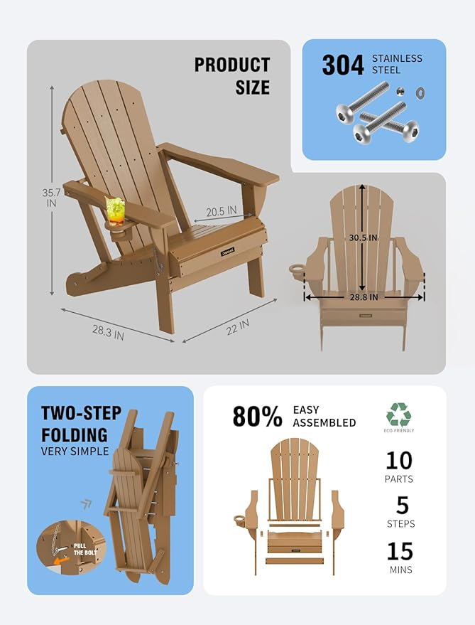 Plastic HDPE Adirondack Chair,Set of 4,Folding Adirondack Chair Weather Resistant with Cup Holder, Wooden Textured Fire Pit Outdoor Chair for Garden, Porch, Lawn, Backyard, Supports 380LBS, Teak