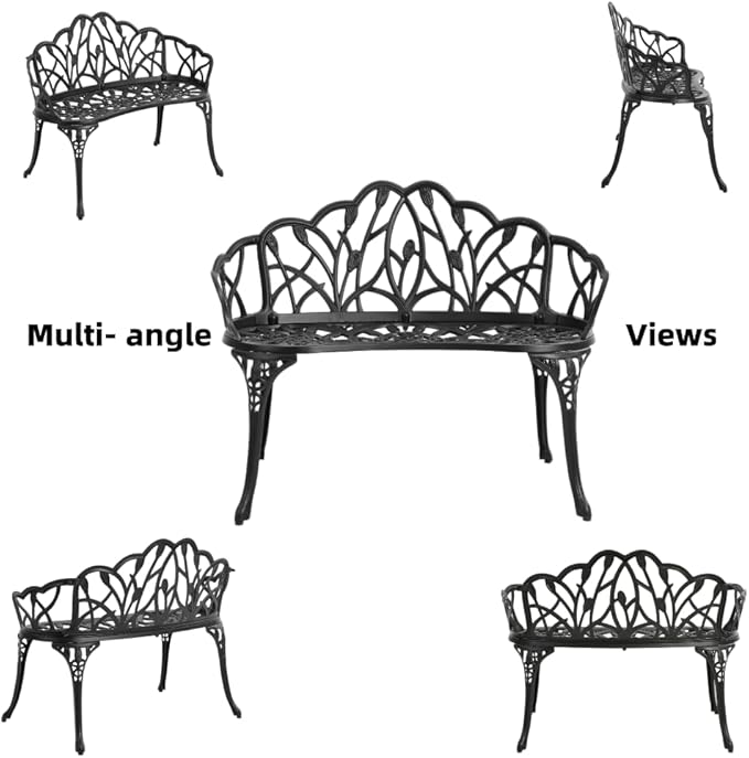 Patio Aluminum Outdoor Bench, Garden Metal Loveseat Furniture, Vintage Tulip Carving Antique Black Front Porch Chair Seat