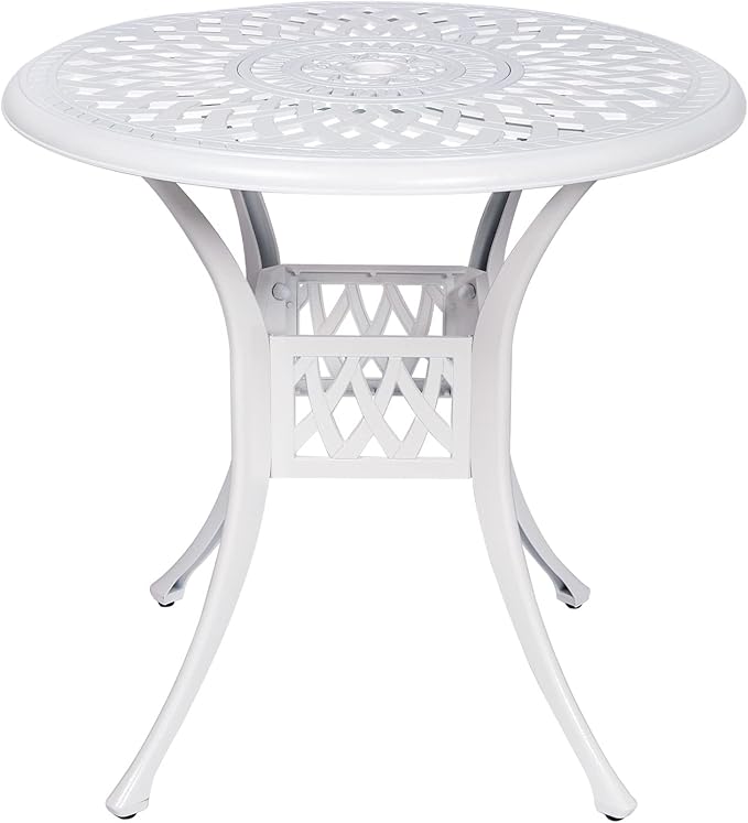 VIVIJASON 31" Patio Bistro Table Outdoor Dining Round Table White Cast Aluminum Table with Umbrella Hole