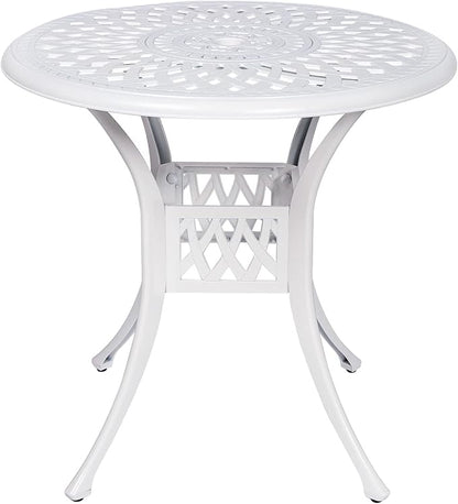 VIVIJASON 31" Patio Bistro Table Outdoor Dining Round Table White Cast Aluminum Table with Umbrella Hole
