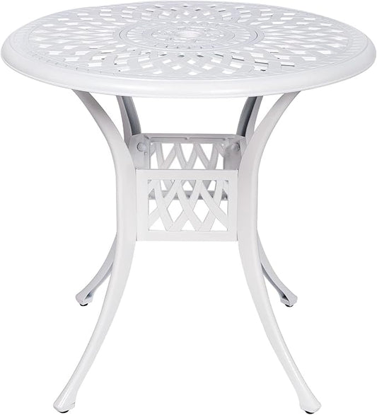 VIVIJASON 31" Patio Bistro Table Outdoor Dining Round Table White Cast Aluminum Table with Umbrella Hole