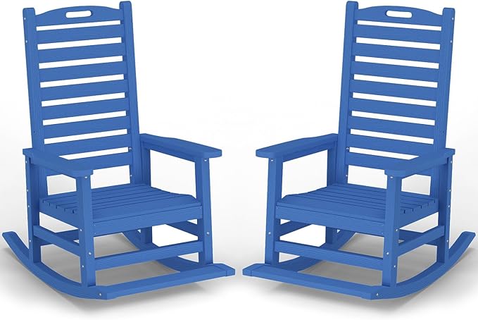 PLUUV Outdoor Rocking Chair Set of 2 with Removable Footboard for Adults, HDPE High Back Patio Rocking Chairs, 330lbs All Weather Porch Rocking Chairs for Outdoor & Indoor -Navy Blue