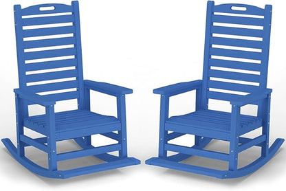 PLUUV Outdoor Rocking Chair Set of 2 with Removable Footboard for Adults, HDPE High Back Patio Rocking Chairs, 330lbs All Weather Porch Rocking Chairs for Outdoor & Indoor -Navy Blue
