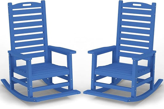 PLUUV Outdoor Rocking Chair Set of 2 with Removable Footboard for Adults, HDPE High Back Patio Rocking Chairs, 330lbs All Weather Porch Rocking Chairs for Outdoor & Indoor -Navy Blue