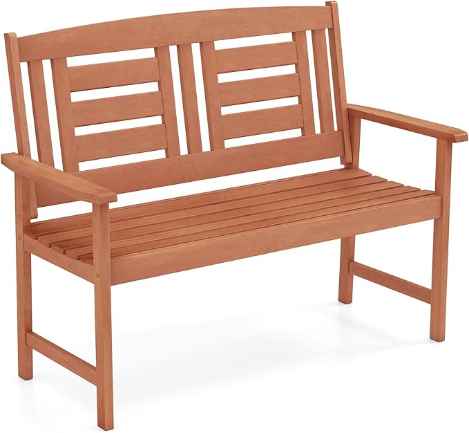 Tangkula Patio Wood Bench, Garden Armrest Loveseat with Inclined Backrest, Wood Grain, Teak Oil Finish, Outdoor 2-Person Bench for Front Porch, Garden, Backyard, Balcony