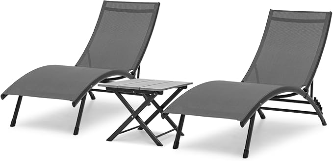 MoNiBloom Lounge Chairs for Outside Set of 3, Folding Adjustable Gray Deck Chair Recliner w/Side Table, Breathable All Weather Wavy Patio Chaise Lounge for Reading and Sunbathing, 350 Lbs Capacity