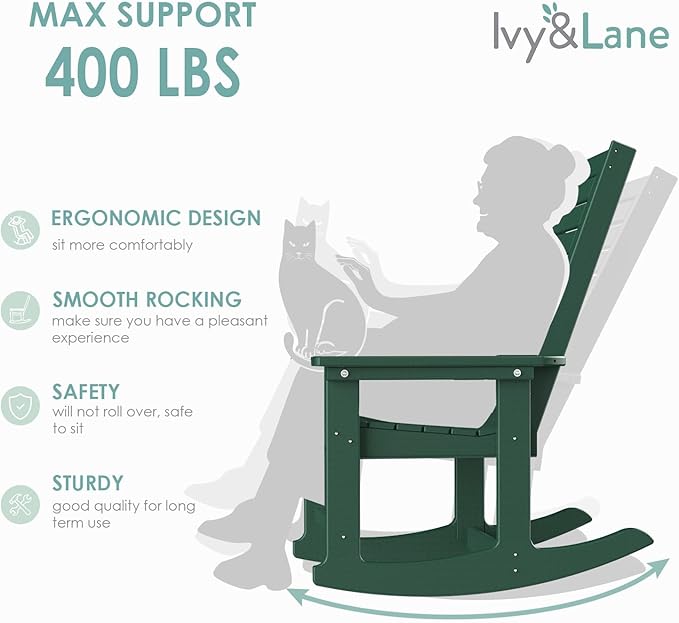 IVY&LANE Outdoor Rocking Chairs Set of 2 | Porch-Rockers | Forest | HDPE Plastic | All-Weather | High Back | Wide Seat | Oversized Patio Rocker for Adult | for Outside Deck Balcony Garden