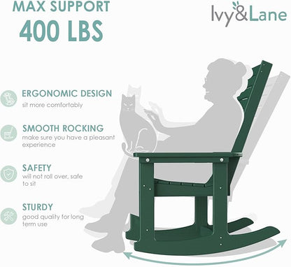 IVY&LANE Outdoor Rocking Chairs Set of 4 | Porch-Rockers | Forest | HDPE Plastic | All-Weather | High Back | Wide Seat | Oversized Patio Rocker for Adult | for Outside Deck Balcony Garden