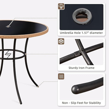 ECOTOUGE Outdoor Round Patio Desk, Wicker Dining Table with Umbrella Hole, Tempered Glass Top for 4-5 Persons, Bistro Rattan Furniture Garden Tables for Balcony, Backyard, Black