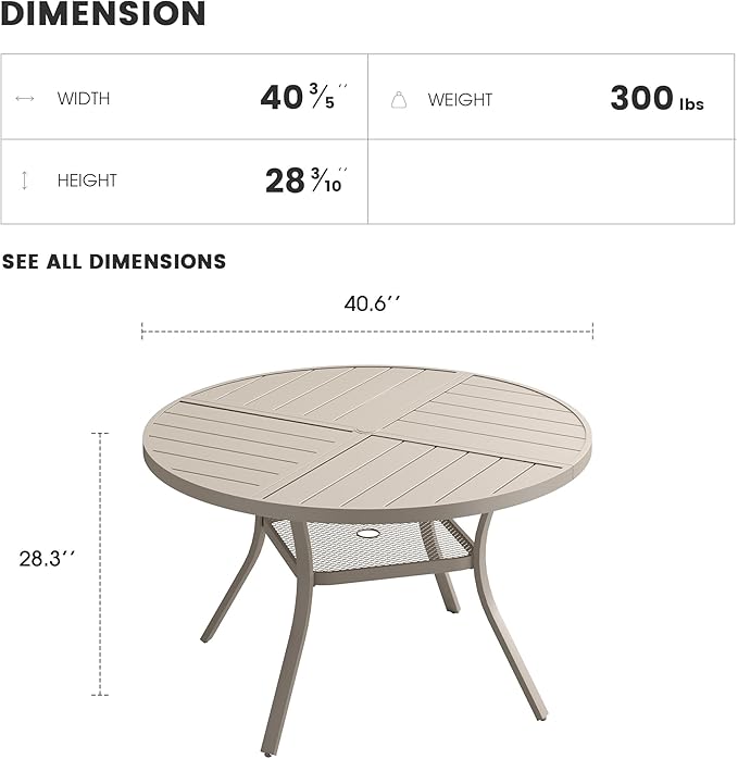Patio Dining Table for 4, Round Metal Outdoor Table with Storage Shelf, 1.57" Umbrella Hole, 41" Outdoor Quartered Tabletop Dining Table for Backyard, Porch, Lawn, Sand