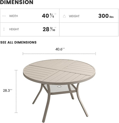 Patio Dining Table for 4, Round Metal Outdoor Table with Storage Shelf, 1.57" Umbrella Hole, 41" Outdoor Quartered Tabletop Dining Table for Backyard, Porch, Lawn, Sand