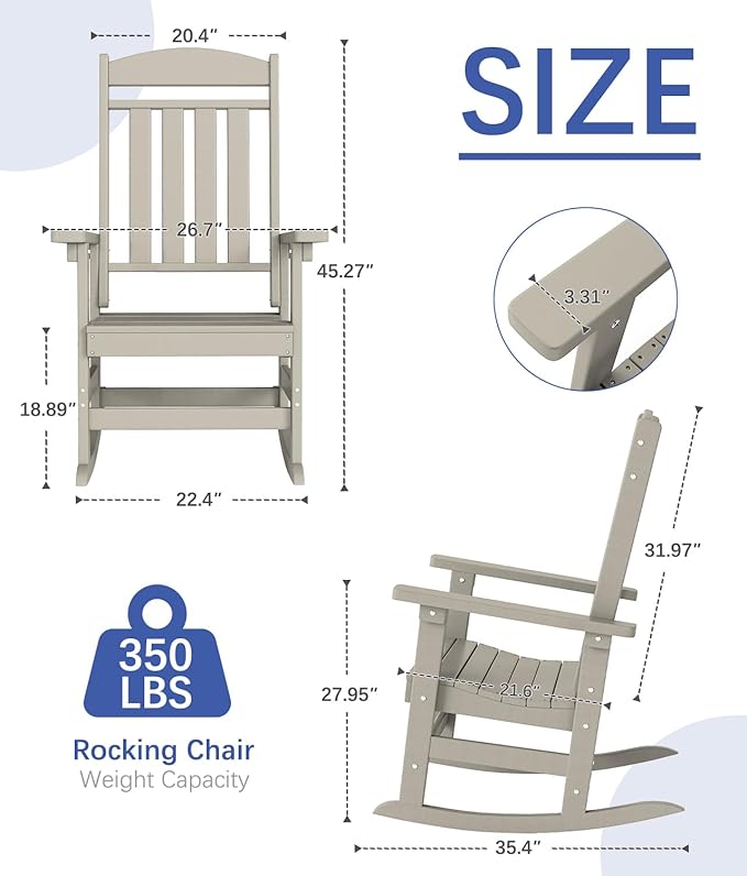 FOOWIN Outdoor Rocking Chair, High Back Patio Rocking Chair, HDPE All Weather Resistant Porch Rocker for Adult, Oversized Rocking Chairs for Garden, Lawn, Indoor & Outdoor Use, Sand