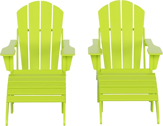 WestinTrends Malibu Outdoor Lounge Chair Set, 4-Pieces Adirondack Chair Set of 2 with Ottoman, All Weather Poly Lumber Patio Lawn Folding Chair for Outside Pool Beach, Lime