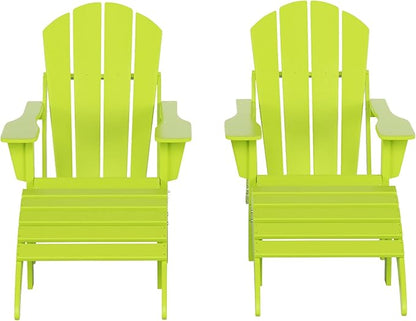 WestinTrends Malibu Outdoor Lounge Chair Set, 4-Pieces Adirondack Chair Set of 2 with Ottoman, All Weather Poly Lumber Patio Lawn Folding Chair for Outside Pool Beach, Lime