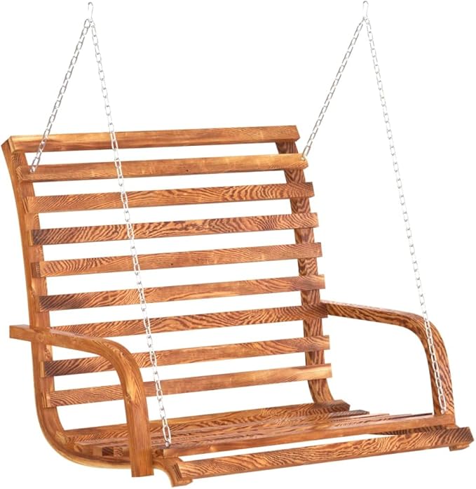 Solid Bent Wood Swing Bench with Teak Stain, 49.6x24.8x36.2 Inches, Durable Outdoor Seating for Patio Garden - Photo 2