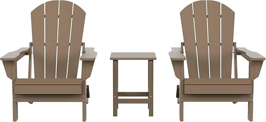 Costaelm 3 piece Patio Set, Outdoor Modern Adirondack Table and Chairs, All Weather Balcony Furniture Set Lounge Firepit Chairs for Outside Deck Garden Lawn Pool, Weathered Wood