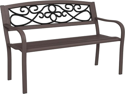 Outsunny 50" Outdoor Bench, Metal Garden Bench with Floral Pattern Backrest, Porch Bench with Slatted Seat for Park, Yard, Lawn, Brown