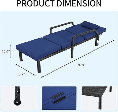 Patio Chaise Lounge – Adjustable Outdoor Lounge Chairs with Cushions & Headrest – All-Weather Rattan Reclining Lounge Chairs for Poolside, Garden, and Patio (1 Pc, Blue)