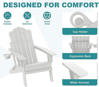 FOOWIN HDPE Adjustable Adirondack Chair Set of 8, 400lbs Heavy Duty Folding Patio Chairs with Cup Holder, 3-Position Reclining Fire Pit Seating, All-Weather Poly Lumber for Backyard, Deck - White