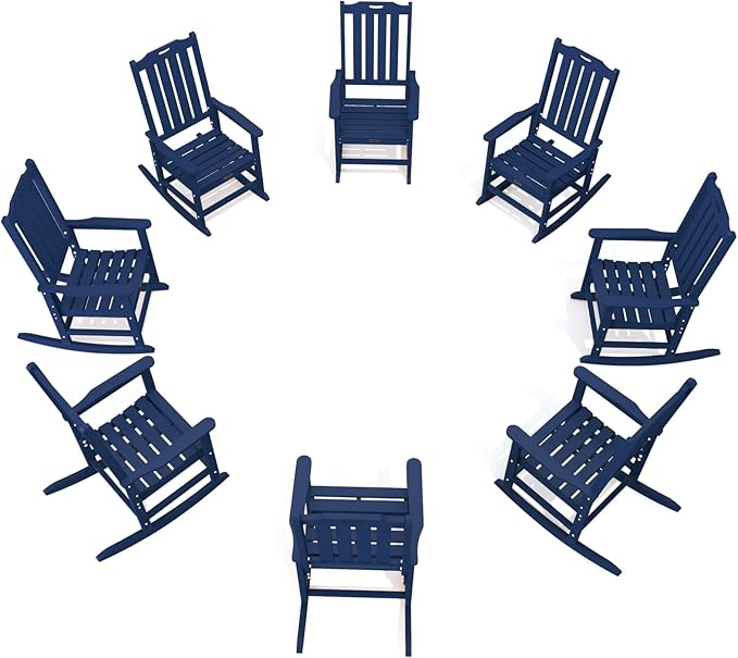 Oversized Rocking Chair Set of 8, Outdoor Rocking Chair for Adults, All Weather Resistant Porch Rocker for Lawn Garden, Navy Blue