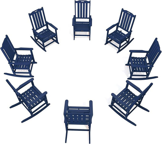 Oversized Rocking Chair Set of 8, Outdoor Rocking Chair for Adults, All Weather Resistant Porch Rocker for Lawn Garden, Navy Blue