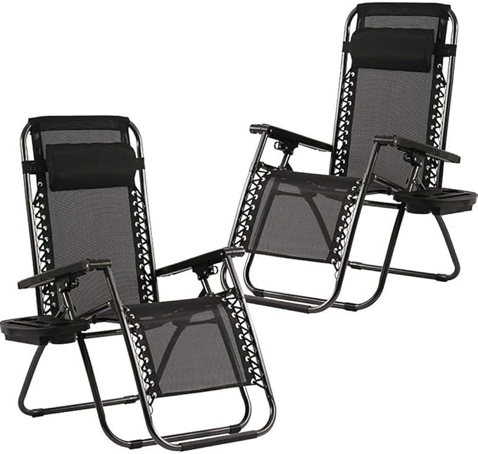 FDW Zero Gravity Chairs Set of 2 Black Lounge Patio Chairs Outdoor Yard Beach with Cup Holders, Black - Photo 1