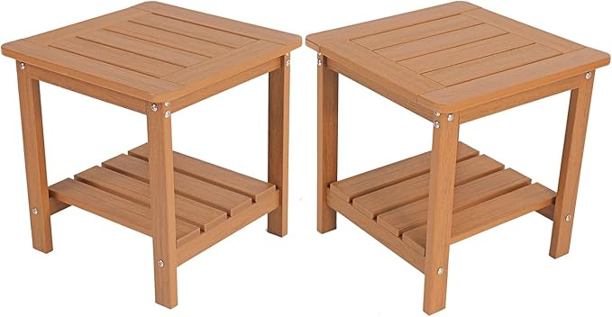 Kibaso-Adirondack Outdoor Side Table, 2-Tier HDPE Outdoor End Table, Weather Resistant Easy Maintenance, Small Patio Side Table for Patio, Pool, Porch, Garden, Lawn, and Living Room (2, Rustic Teak)