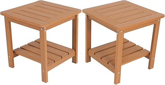 Kibaso-Adirondack Outdoor Side Table, 2-Tier HDPE Outdoor End Table, Weather Resistant Easy Maintenance, Small Patio Side Table for Patio, Pool, Porch, Garden, Lawn, and Living Room (2, Rustic Teak)