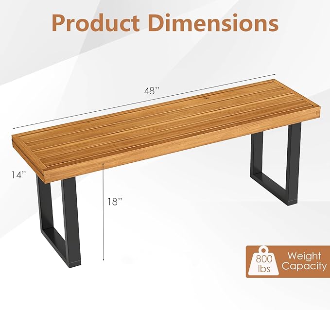 HAPPYGRILL Acacia Wood Bench for 2 People, Outdoor Dining Bench with Metal Legs & Adjustable Foot Pads, for Entryway, Garden, Poolside, Balcony, 800 LBS (1)