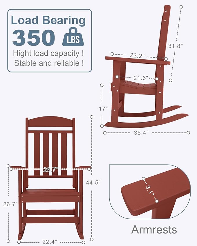 Outdoor Rocking Chairs Set of 2, Oversized High Back Patio Rocking Chairs, All Weather Porch Rocking Chairs for Outside. Red