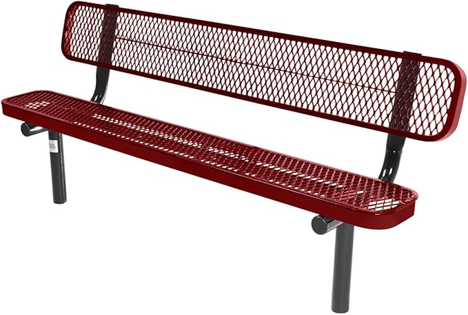 COATEDOUTDOORFURNITURE Coated Outdoor Furniture Heavy-Duty Outdoor Bench Thermoplastic Coated, Expanded Metal, Commercial-Grade Seating, Made in America (Inground with Back, 6 Ft, Textured Burgundy)