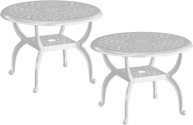 Round Outdoor Coffee Table Set of 2, Cast Aluminum Side Table with Storage,Indoor End Table, All-Weather Bistro Table for Patio Garden Lawn, White