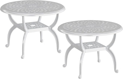Round Outdoor Coffee Table Set of 2, Cast Aluminum Side Table with Storage,Indoor End Table, All-Weather Bistro Table for Patio Garden Lawn, White