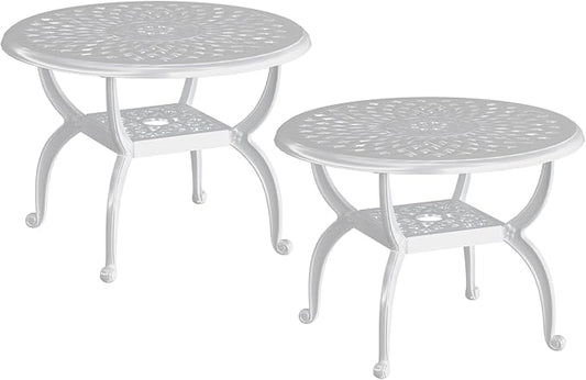 Round Outdoor Coffee Table Set of 2, Cast Aluminum Side Table with Storage,Indoor End Table, All-Weather Bistro Table for Patio Garden Lawn, White