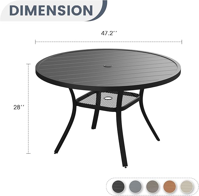 VICLLAX Round Patio Dining Table for 4-6, Outdoor Metal Dining Table with Umbrella Hole for Deck Lawn Garden Backyard, 47.2" Black