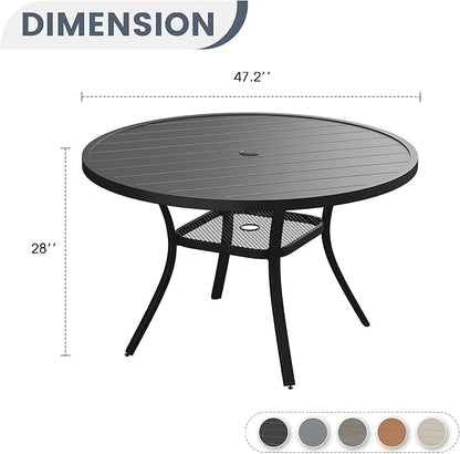 VICLLAX Round Patio Dining Table for 4-6, Outdoor Metal Dining Table with Umbrella Hole for Deck Lawn Garden Backyard, 47.2" Black