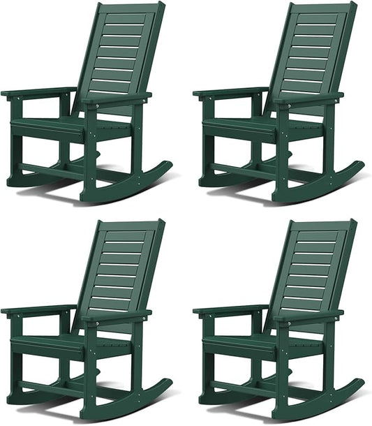 GREENVINES Outdoor Rocking Chairs | Set of 4 | Porch Rocker | HDPE Plastic | Forest | Oversized Rockers | High Back | Big & Tall | Ladder Back | for Patio Outside Backyard Balcony Garden