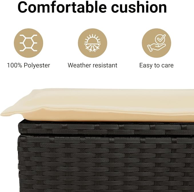 vidaXL 2 Seater Patio Sofa with Cushions Black Poly Rattan and Acacia Wood Removable Covers Adjustable Multifunctional - Photo 6